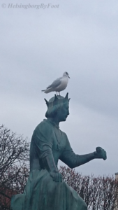 Skrattmås - gull, photographed on Helsingör Axel's Square in Denmark - wonder if it know that the statue isn't a real person :P